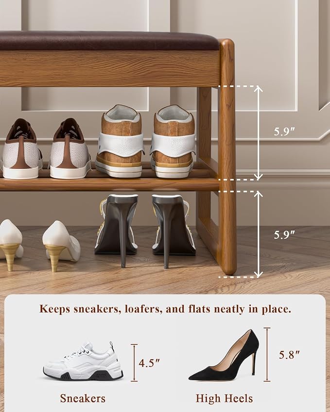 Shoe Rack Bench with Hidden Storage, 2-Tier Solid Rubberwood Entryway Bench with Soft Leather Cushioned Seat & Flip-Top Storage, 330lbs Capacity, Wooden Shoe Organizer for Hallway, Closet, Foyer - Image 3