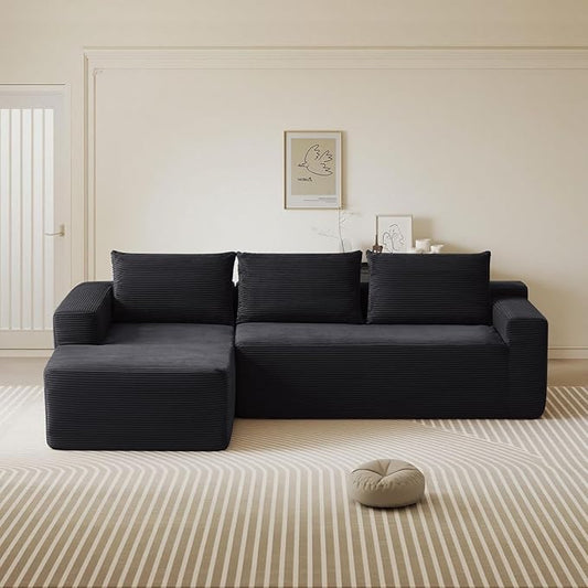 97" L-Shaped Sectional Sofa, No Assembly Boneless Modular Couch, Memory Foam Deep Seat with Side Pockets & Pillows, Compressed Sofa, Jet Black Left