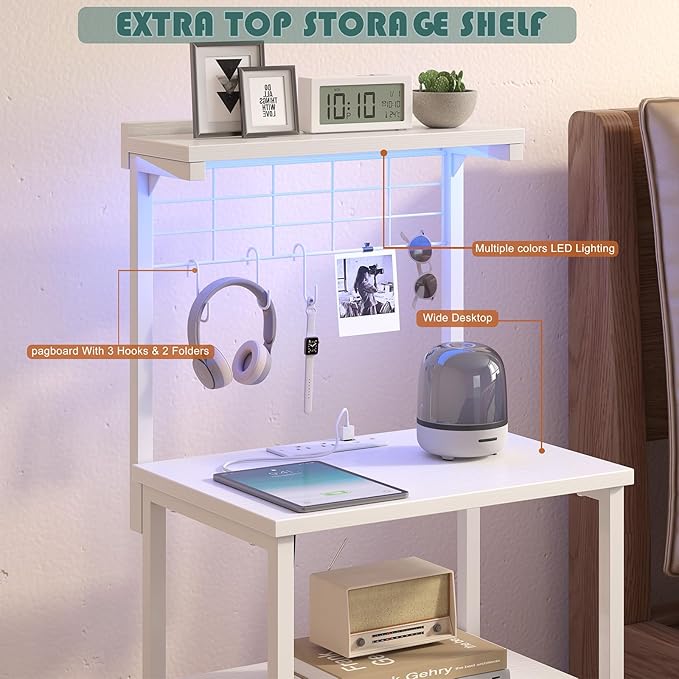 sthmec Bedside Tall Nightstands with Charging Station, LED Bedside Table for Bedroom - 3 PU Fabric Drawers, Hooks, USB/Type-C Ports & Open Bedside Shelves, White - Image 4