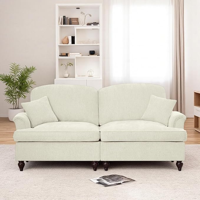 Oversized Large Two Seater Sofa, Comfy Chenille Love Seat Couch with Removable Ruffles Pleats & Large Petal-Shaped Armrests, Elegant Mid Century Convertible Sofa with Spindle Legs, Beige White