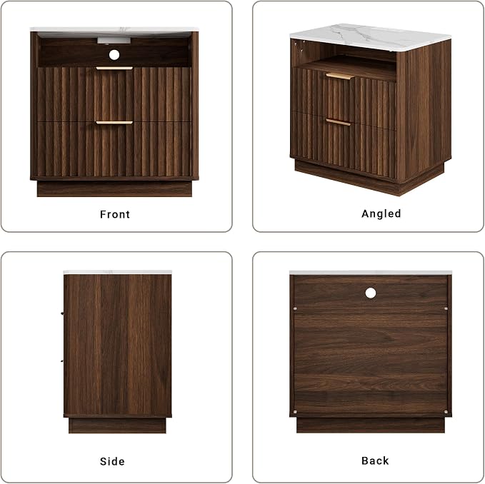 Fluted Nightstand, Night Stand Set 2, 23" Wide Walnut Nightstands Set of 2 with Charging Station & Faux Marble Top, 2 Drawer Large Wooden End Table, Bedside Table for Bedroom,Curved Corners - Image 8