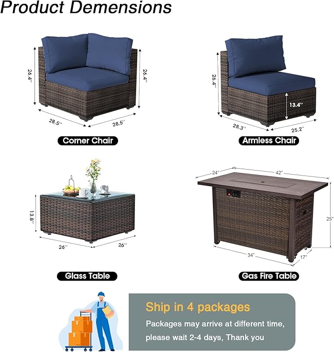 8 Piece Patio Furniture Set with Fire Pit Table All Weather PE Rattan Outdoor Sectional Sofa Couch with No-Slip Cushions and Glass Top Table for Garden, Poolside, Backyard (Blue)