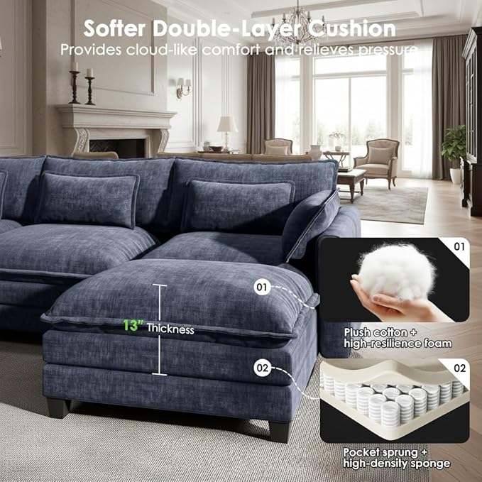 Marsail Modular Sectional Sofa 110.6" U-Shaped Modern Comfy Cloud Couch, 5-Seat Chenille Deep Seat Sofa with Throw Pillow & Movable Ottoman for Living Room, Bedroom and Apartment, Navy Blue