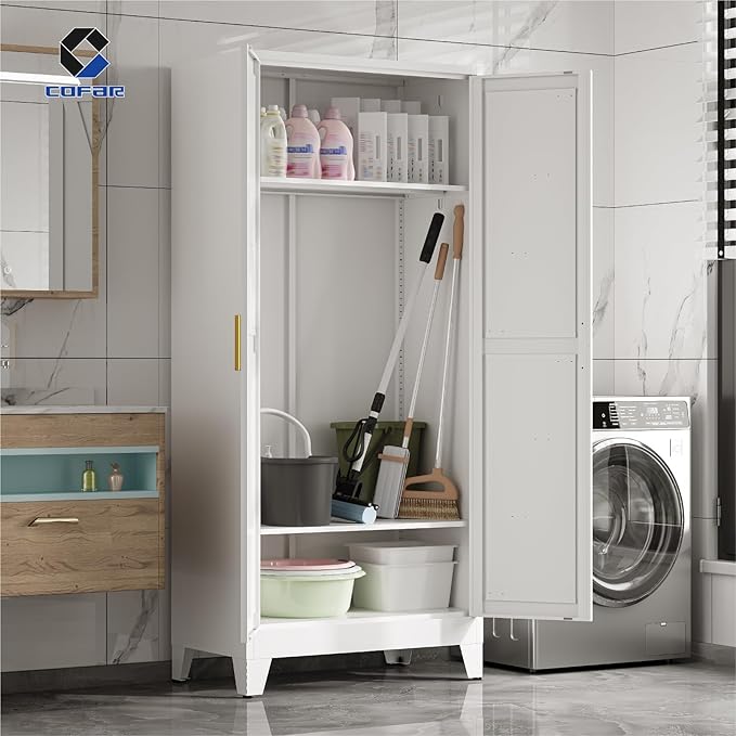 COFaR 71'' Metal Wardrobe Closet, Bedroom Armoire Cabinet with Adjustable Hanging Rod and Shelves, 2 Doors Farmhouse Closet Storage for Garage Laundry, White Roperos para Guardar Ropa