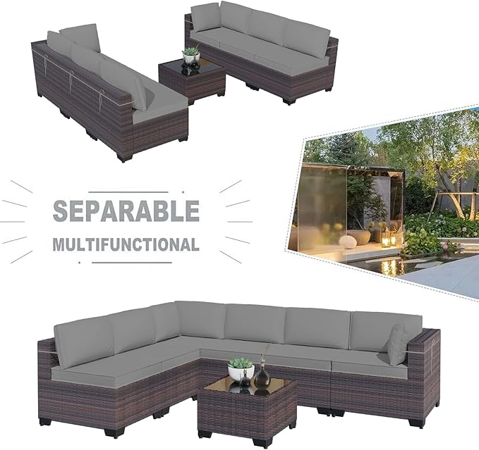 Kullavik 12PCS Outdoor Patio Furniture Set,PE Wicker Rattan Sectional Sofa Patio Conversation Sets with Tempered Glass Table,Swivel Rocking Chairs Set,Grey