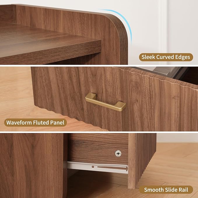Night Stand with Charger Station, Fluted Nightstands Set of 2 with Drawer, Modern Bedside Table Set of 2, Wide Nightstands for Bedroom, Mid Century Wooden Night Stands for Home Sofa Couch - Image 6