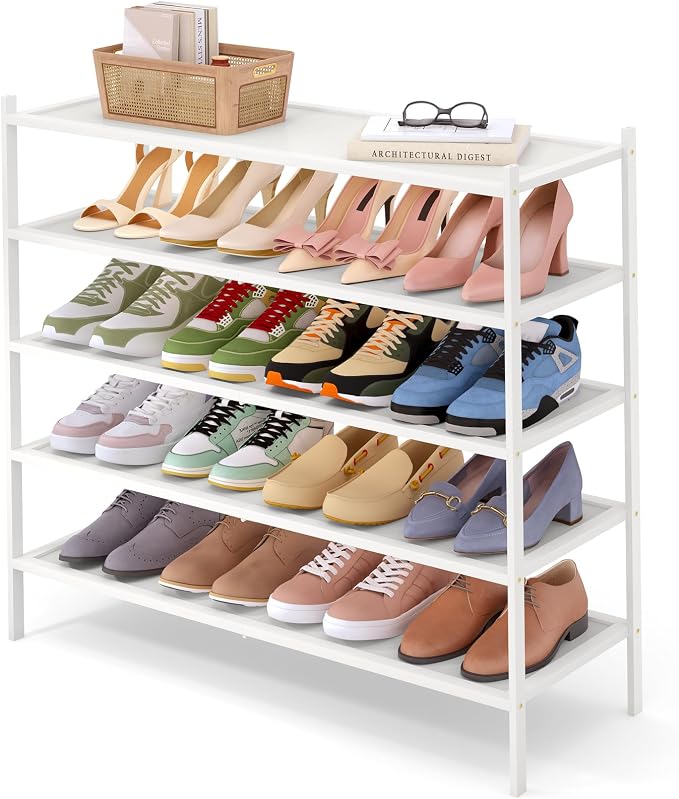 Smiry Bamboo Long Shoe Rack, 5 Tier Shoe Organizer for Entryway & Closet, Stackable Free Standing Storage Shelf for Shoes, Bags & Plants, White by Smiry