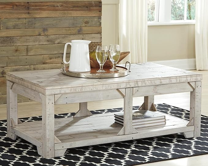 Signature Design by Ashley Fregine Farmhouse Rectangular Lift Top Coffee Table with Floor Shelf, Whitewash with Weathered Finish