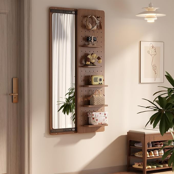 KungFuWood Full Length Mirror with Shelf and Hooks,Entry Way Mirrors for Wall,Wall Mirror with Shelf,Wall Mirror with Storage Multifunctional Design Panel,Living Room - Image 9