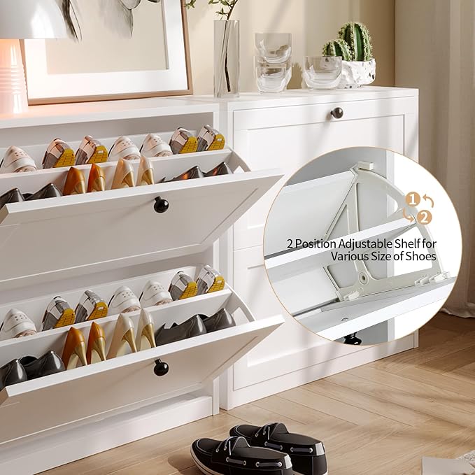 VOWNER Shoe Cabinet with 2 Flip Drawers, Freestanding Shoe Storage Cabinet with Adjustable Shelf & Anti-Tipping Device, Shoe Rack for Entryway, Hallway, Living Room (White) - Image 8
