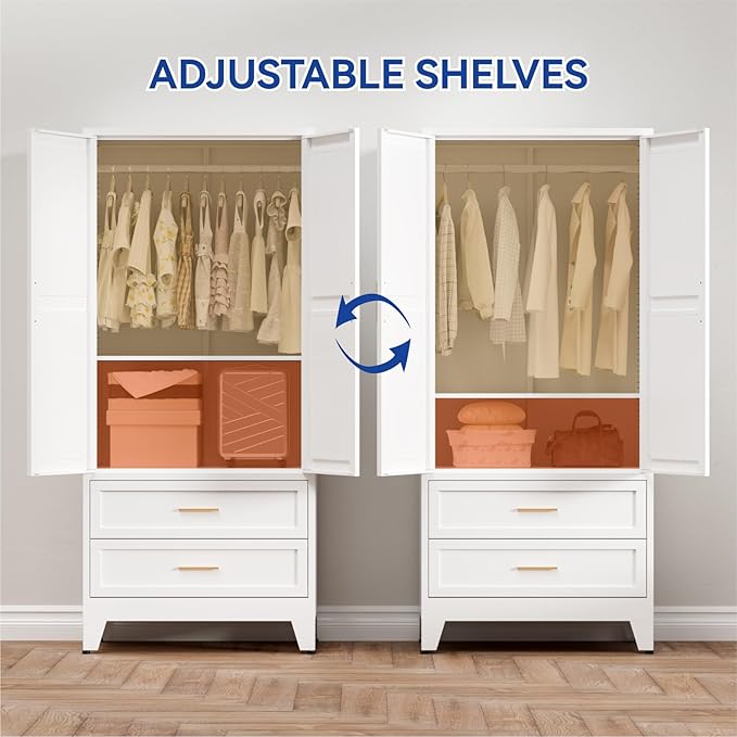 COFaR Metal Armoire Wardrobe Closet with Drawers, 71'' Tall Farmhouse Bedroom Armoires with Doors, Freestanding Steel Wardrobe Cabinet Coat Closet for Bedroom Home Office Garage, White