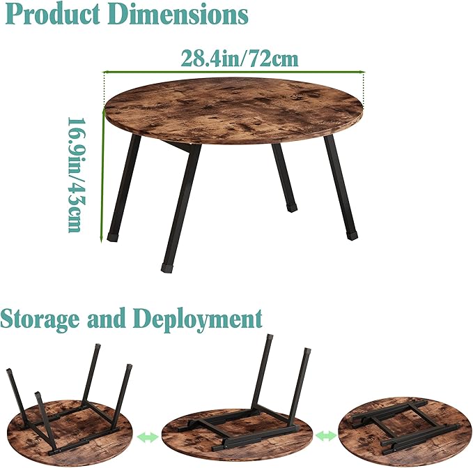 Folding Coffee Table Rustic Small Coffee Tables,Foldable Round Table for Small Spaces,Mid Century Wood Coffee Table for Living Room, Home, Office,Easy Assembly,Brown