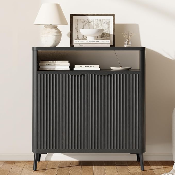 Fatmok Fluted Buffet Cabinet with Storage, 31.4" Wide Wood Sideboard Credenza with 2 Doors & Open Storage Shelf, Modern Coffee Bar Table for Living Room Kitchen Dining Room,Black Grey by Fatmok