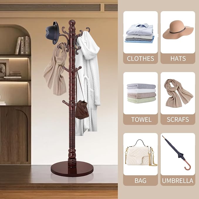 Wood Coat Rack Stand, Vintage Wooden Coat Rack Freestanding with Sturdy Round Base,Classic Coat Racks with 14 Hooks, Natural Birch Wood Standing Coat for Entryway (Vintage Round chassis) - Image 6