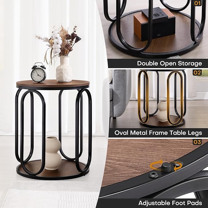 BECHAEO Small Side Table, 19.7" 2-Tier Round Bedside Table with Storage, Wood Industrial Design End Tables for Living Room, Bedroom, Office, Bathroom, Classic Walnut