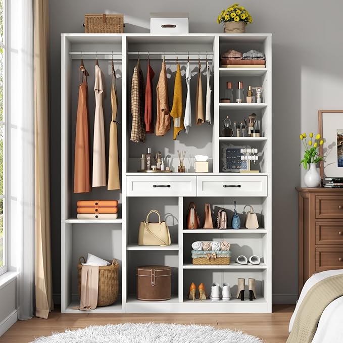 Armoire Wardrobe Closet with 2 Drawers, 81” H Wooden Wardrobe Closet with 10 Storage Shelves and 2 Hanging Rod, White Modern Armoire, Clothing Storage Cabinet Organizer Combination, Bedroom Furniture