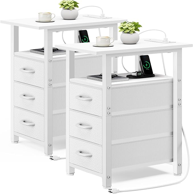 Vagusicc Set of 2 White Night Stand with Charging Station, Narrow Nightstand with U-S-B Ports and Outlets, Small Night Stand 3 Fabric Storage Drawers, Small Bedside Table by Vagusicc