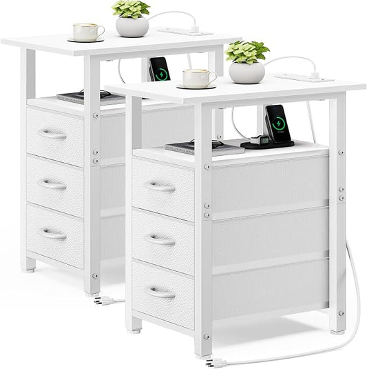Vagusicc Set of 2 White Night Stand with Charging Station, Narrow Nightstand with U-S-B Ports and Outlets, Small Night Stand 3 Fabric Storage Drawers, Small Bedside Table by Vagusicc