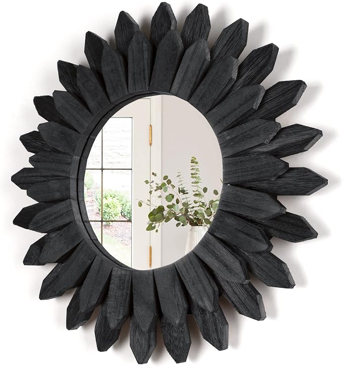 Honiway Black Wall Decor Wall Mirror 12 inch Boho Wall Decor Wood Decorative Mirror for Room Decor Home Decor for Bedroom Living Room Bathroom Kitchen Black by Honiway