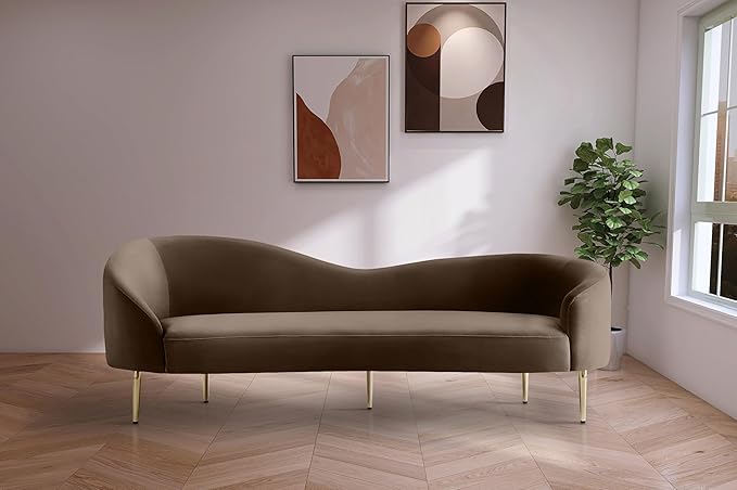 Meridian Furniture 659Brown-S Ritz Collection Modern | Contemporary Upholstered Sofa with Rich Brown Velvet, Gold Metal Legs, Curved Contemporary Design, 85.5" W x 31.75" D x 30.5" H, Brown