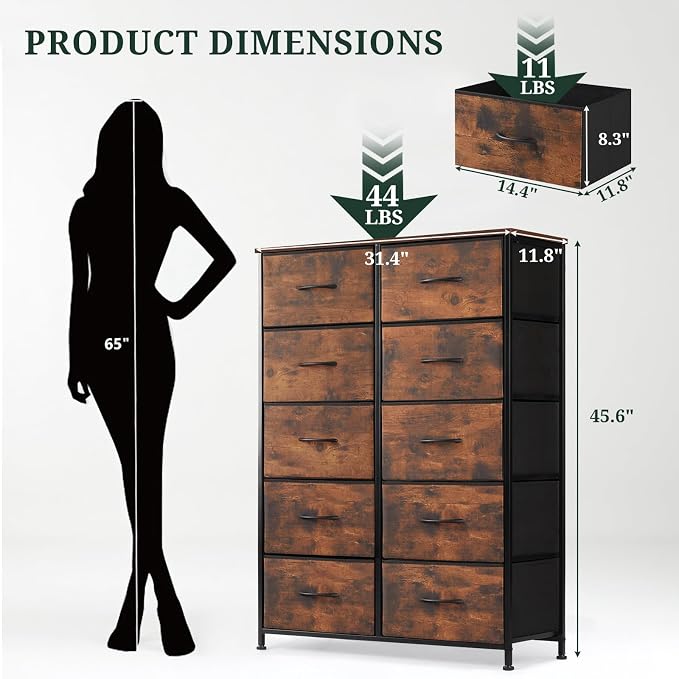 10-Drawer Dresser for Bedroom, Anti-Tip Tall Storage Organizer Chest of Drawers with Wooden Top and Metal Frame Fabric Bins for Closet, Living Room, Hallway, Entryway, Brown - Image 3