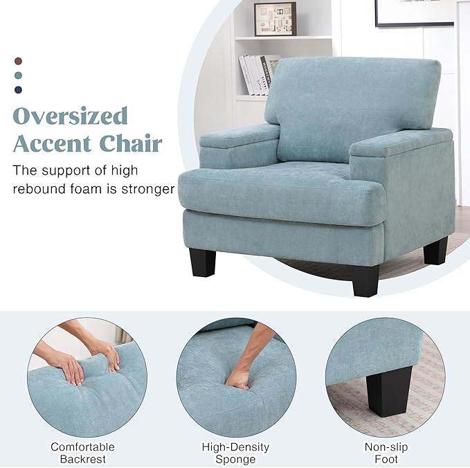 Oversized Accent Chair with Storage Armrest, Modern Upholstered Reading Living Room Chairs, Comfy Large Armchair, Fabric Single Sofa Chair for Bedroom (Green)