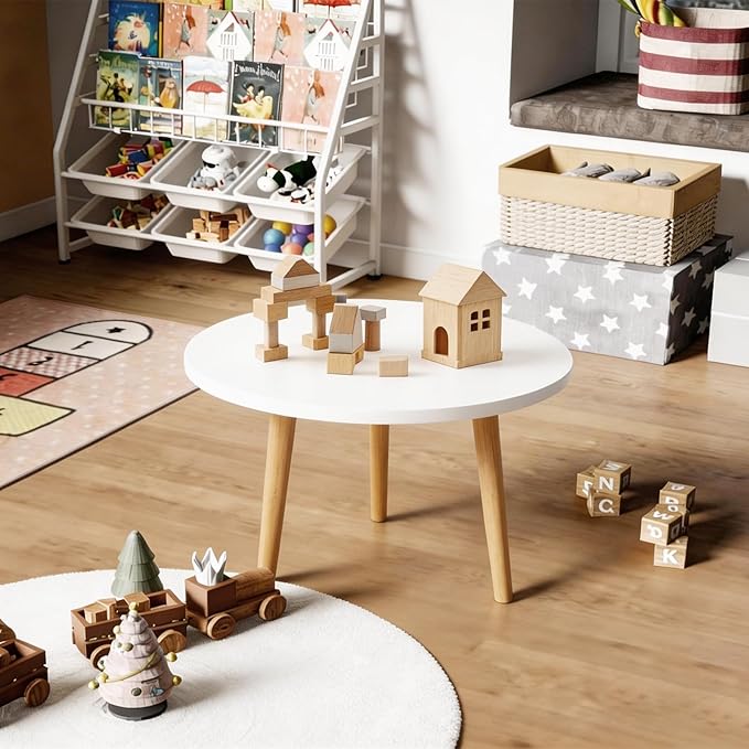 Round Coffee Table Low Table with 3 Solid Wood Sturdy Legs,Floor Table Desk for Sitting on The Floor,23.6"D x 23.6"W x 16"H Inches,Living Room/Toy room Furniture,Rental house Furniture (White)