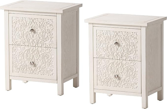 COZAYH Set of 2 Farmhouse Fully-Assembled Nightstand with 2-Drawer, Flower Motif End Table for Small Spaces, French Country, Modern, Distressed Finish, White-Washed by COZAYH