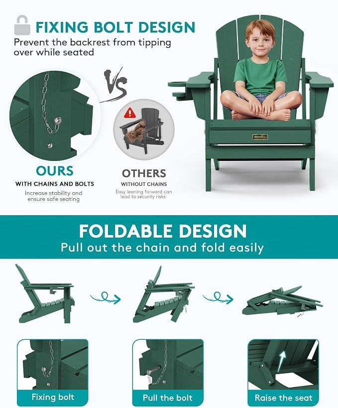 SERWALL Foldable Adirondack Chair Set of 4, Weather Resistant HIPS Patio Chairs with Cup Holder for Garden Outdoors Fire Pit Chairs-Green - Image 4