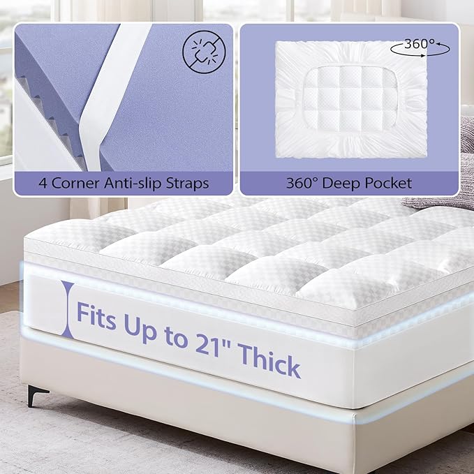 downluxe 4 Inch Queen Memory Foam Mattress Topper Pro Dual Layer 2 Inch Cooling Gel Egg Crate Memory Foam Plus 2 Inch Pillow Top Soft with Deep Pocket