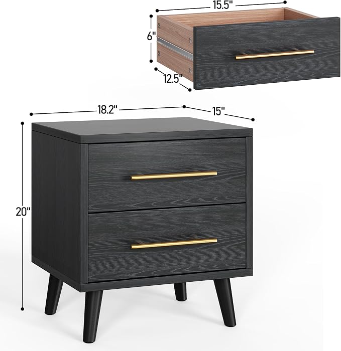Aiho Nightstand Set of 2, Bedside Table Set for Bedroom, Wood Nightstand with Metal Handles 2 Drawer Dresser, Black Nightstand - Image 3