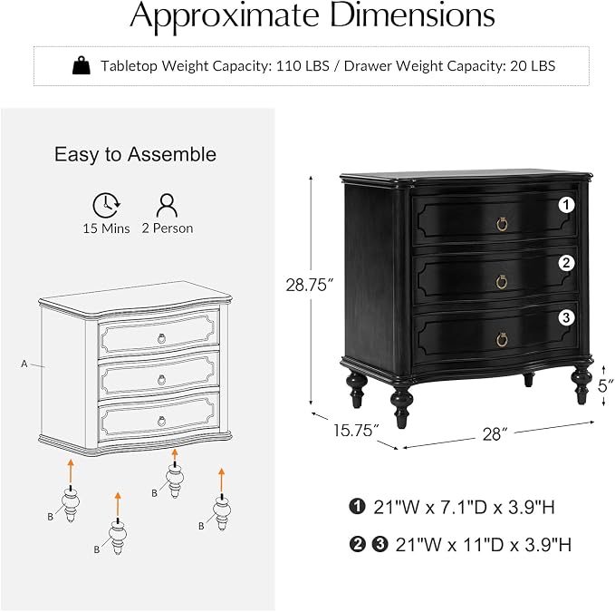 HULALA HOME Traditional Side Table with 3 Drawers, Tall Side Table with Curved Front Profle Desgin, Charging Station, Solid Wood Legs, Black - Image 2