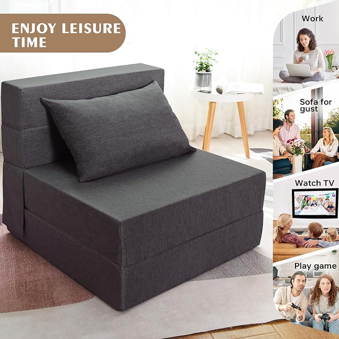 Folding Sofa Bed, Foldable Sleeper Chair with Washable Cover, Convertible Futon Sofa Bed with Pillow, Fold Out Couch for Living Room, Dorm, Guest Room, Single Size, Dark Grey