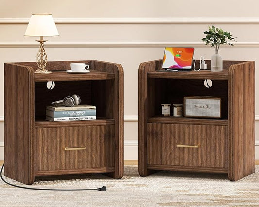 Night Stand with Charger Station, Fluted Nightstands Set of 2 with Drawer, Modern Bedside Table Set of 2, Wide Nightstands for Bedroom, Mid Century Wooden Night Stands for Home Sofa Couch by Curlaky