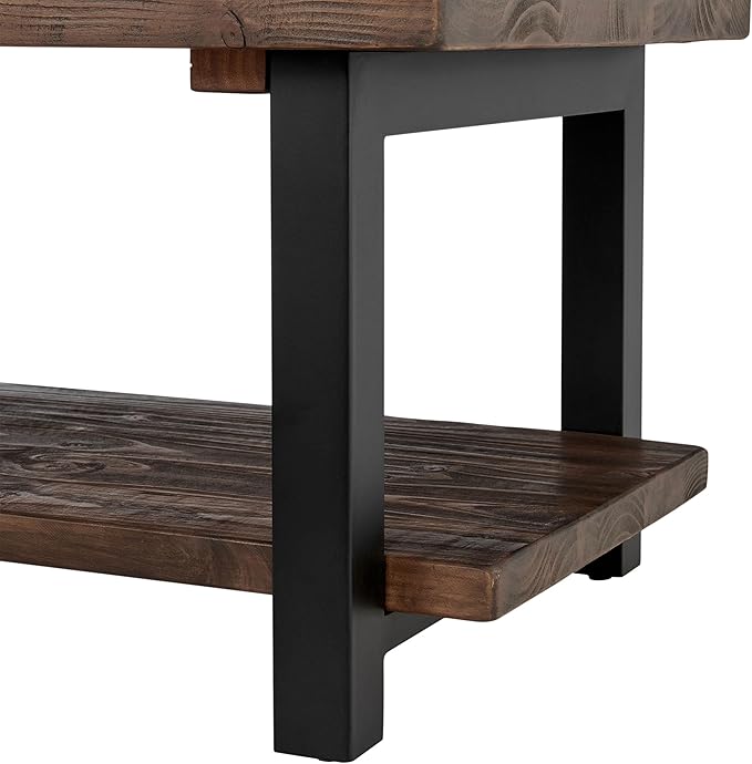 Alaterre Furniture Pomona Living Room Tables – 42 Inch Rectangular Solid Wood Coffee Table with Storage Shelf & Metal Legs – Rustic Industrial Farmhouse Living Room Table (Rustic Brown)