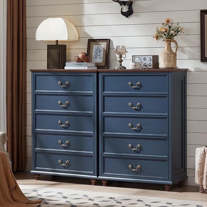 Joaxswe 24" Wide Farmhouse Nightstand Set of 2, 54" 7 Drawers Dresser, 45" Tall Rustic Chests of 5 Drawers w/ 4 Solid Wood Feet, Farmhouse Furniture Series for Living Room,Bedroom,DarkBlue