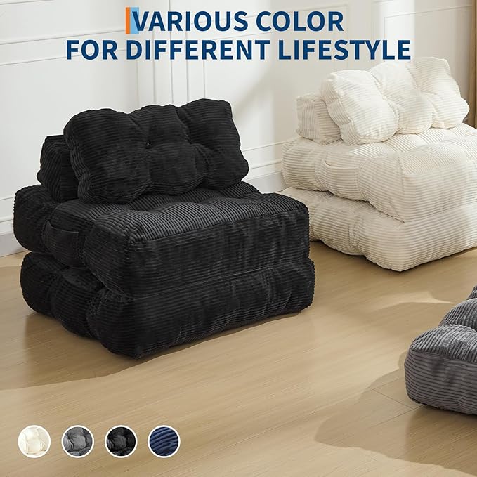 Folding Sofa Bed, Convertible Sleeper Chair with Pillow Foldable Matress with Back Support, Portable Fold Out Chair Bed Comfy Floor Sofa Lounge for Living Room Bedroom, Black, Single