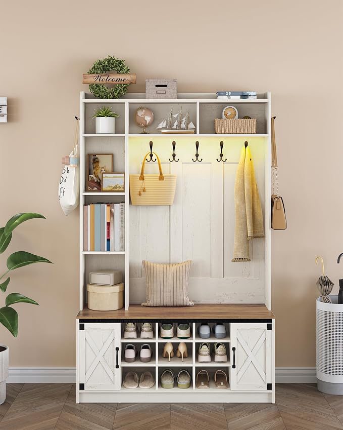 Hzuaneri 47.2" Hall Tree, LED Farmhouse Entryway Storage and Coat Rack Wood, Entryway Furniture with 7 Hooks, Hall Tree with Bench and Storage, 6 Storages Partitions Shoe Bench, Rustic White HT24514X - Image 8