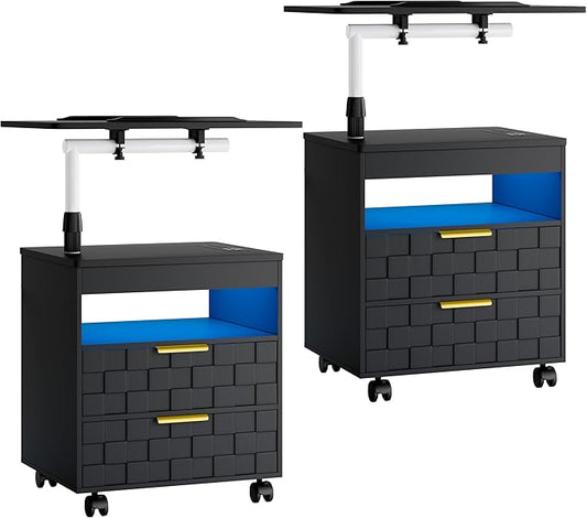 Lareth Nightstand Set of 2 with Drawers & Wheels, Smart Night Stands with Charging Station, Height Adjustable LED End Table, Rolling Bedside Table Set for Bedrooms, Black by HOMEFURNITURE