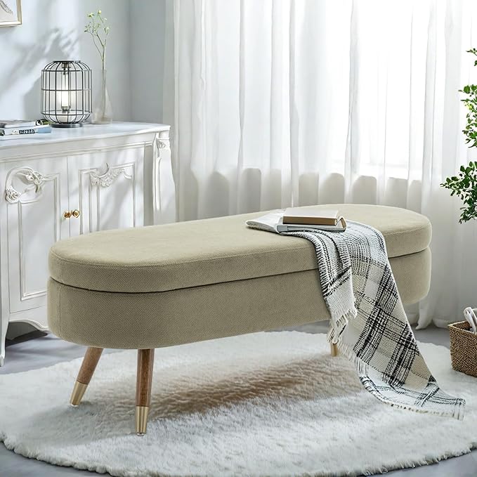 IAFIKE Oval Storage Bench 43.5" Ottoman Bench Upholstered Boucle Fabric Footrest Bench with Golden Metal Legs End of Bed for Bedroom, Living Room, Entryway,Bed Side (Green) by ABrandwithtemperature