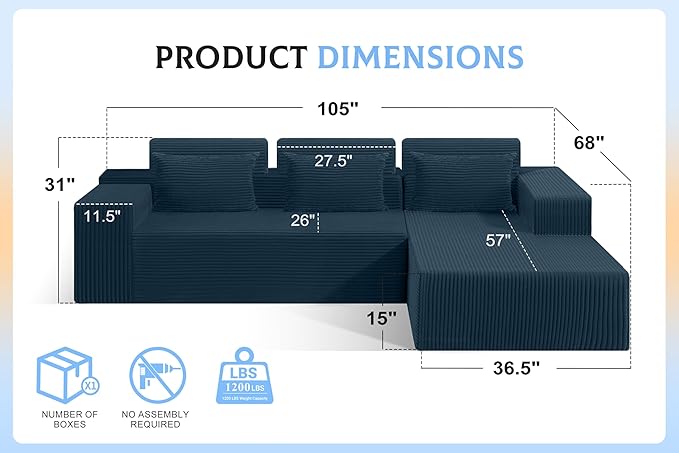 Homguava Modular Sectional Couches for Living Room,105" Cloud Couch with L-Shape Chaise,Comfy Sofa Living Room Sofas with Deep Seat,No Assembly L Couch,Corduroy Fabric(Blue,R)