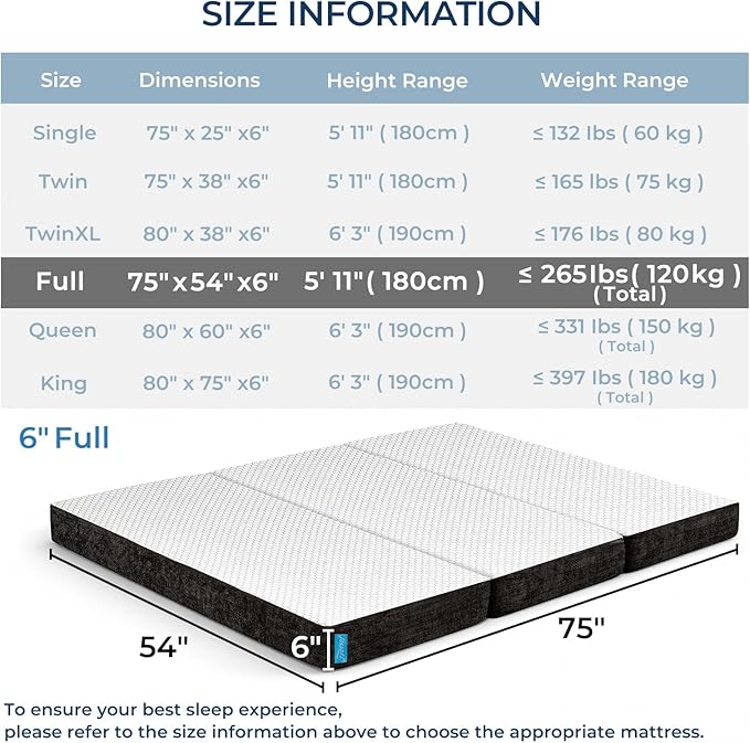 Odorless Foldable Mattress Full Size 75" x 54" x 6", 6 Inch Folding Foam Mattress with Storage Bag, Fiberglass Free Trifold Memory Foam Mattress for RV, Guest Bed
