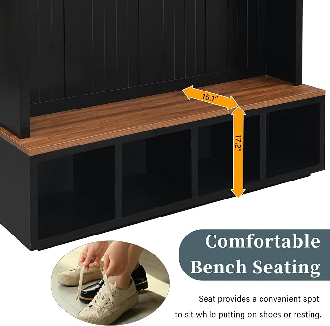 Merax Wood Rustic 59''W Hall Tree Entryway Bench with 4 Hooks and Cabinets, Farmhouse Mudroom Versatile Coat Racks with Shoe Storage Bench, Entrance Organizer for Hallway, Living Room Black - Image 6