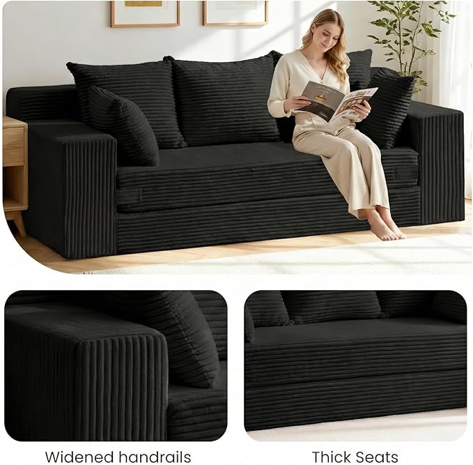 Convertible Sofa Bed, Pull Out 3 Seater Sleeper Sofa, 70" Black Boneless Couch Fold Out Floor Couch with 5 Pillows for Living Room Bedroom Lounge Small Space