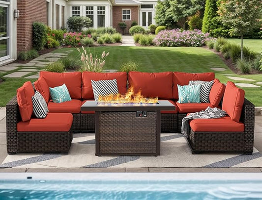 Patio Furniture Set 7 Pieces with 44" Fire Pit Table, Rattan Outdoor Sectional Conversation Sets, All Weather Outdoor Furniture Set with Cushions for Garden Lawn Balcony Porch Deck Red