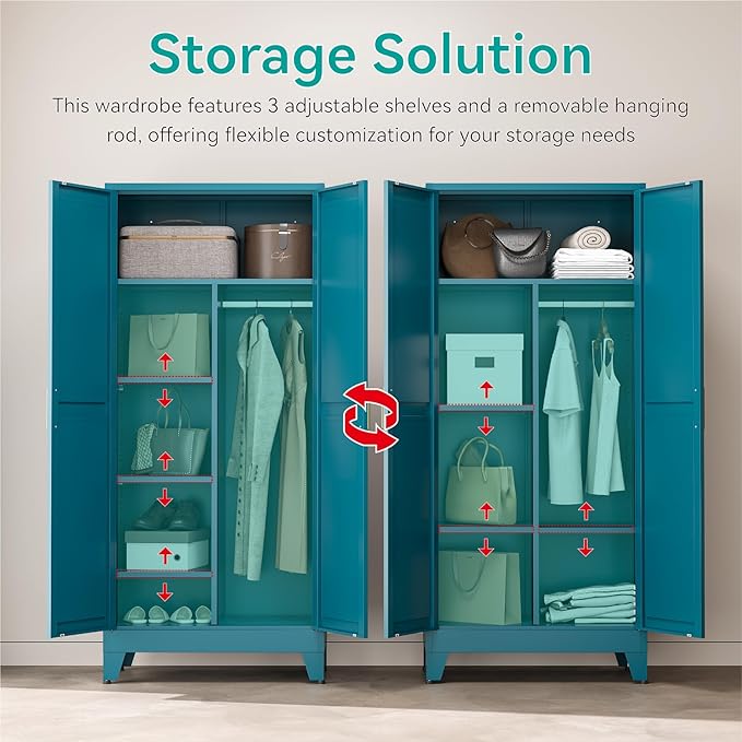 71" Tall Metal Armoire Wardrobe Closet with Hanging Rod and 3 Adjustable Shelves,Blue Storage Cabinet,Steel Wardrobe for Bedroom Garage Laundry Room Office Apartment Amployees,6 Tier,1 Pack