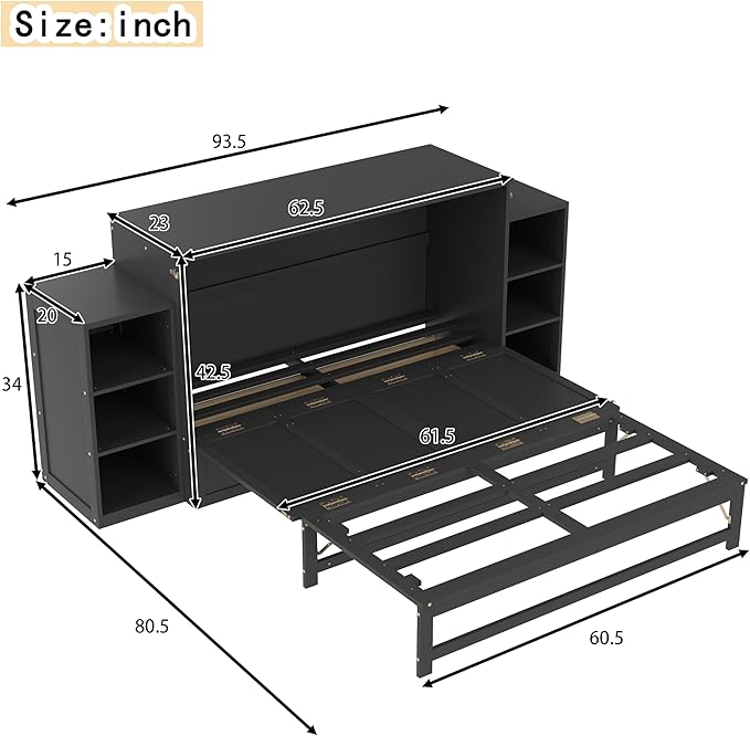 Bellemave Queen Murphy Bed, Cabinet Bed with 2 Shelves and Storage Drawers, Farmhouse Murphy Cabinet, Noisy Free, for Guest Bedroom, Living Room, Office, Vintage Dark Gray