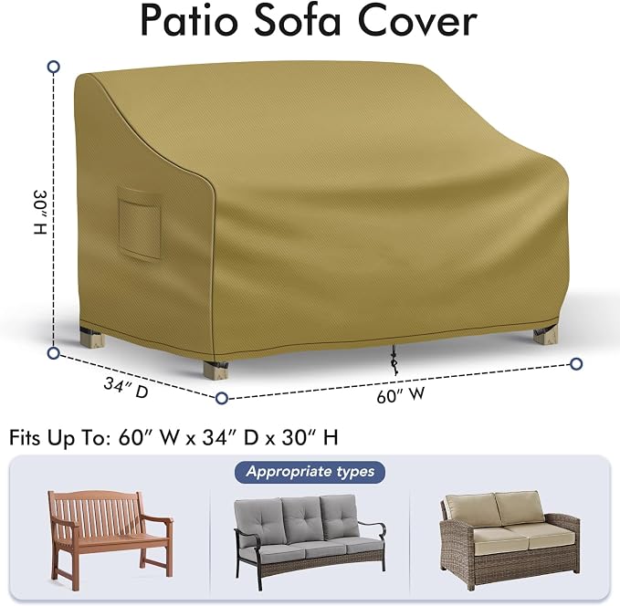 Richwon Patio Loveseat Cover Waterproof, 2-Seater Outdoor loveseat Cover, Patio Furniture Covers with Air Vent and Handles, 60W x 34D x 30H Inches, Khaki - Image 2