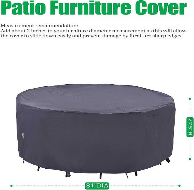 F&J Outdoor Patio Furniture Covers, Waterproof UV Resistant Heavy Duty Round Outdoor Furniture Cover, 84" Dia x 27.5" H - Image 2