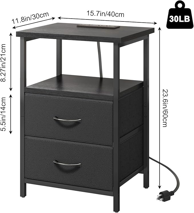 Fixwal Black Night Stand with Charger Station, Nightstand with Charging Station & Fabric Drawers - Image 3